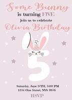Birthday invitation card design with number with cute bunny ears. Five year. Illustration with cute rabbit. Invitation for children in pink pastel color. Ready to use and editable template. vector