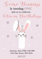 Birthday invitation card design with number with cute bunny ears. One year. Illustration with cute rabbit. Invitation for children in pink pastel color. Ready to use and editable template. vector