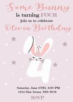 Birthday invitation card design with number with cute bunny ears. Four year. Illustration with cute rabbit. Invitation for children in pink pastel color. Ready to use and editable template. vector