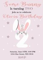 Birthday invitation card design with number with cute bunny ears. Two year. Illustration with cute rabbit. Invitation for children in pink pastel color. Ready to use and editable template. vector