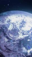 Outer space with a view of the Earth . Motion . Illuminated in blue and yellow with a view of our planet made in animation. video