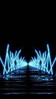 Moving 3d corridor with neon lines in dark. Design. Gloomy path in cyberspace with neon lines. Neon lines illuminate dark path in virtual space video