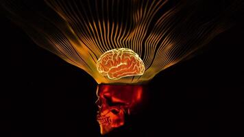 3D animation with skull and glowing brain. Design. Stylish modern animation with 3d brain and glowing stripes above skull. Cool skull with bright brain and stripes on black background video