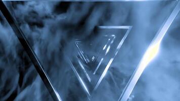 Green and gray smoke and a triangular corridor. Design. Computer graphics with flying triangles surrounded by smoke. video
