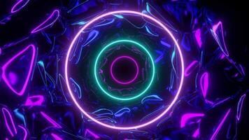 Futuristic neon tunnel with ripples and rings. Design. Moving tunnel with neon glitter and bright rings. Futuristic cyber tunnel with 3d walls and glowing circles video