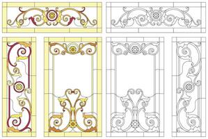 Stained glass window in baroque style for ceiling or door panels. Tiffany technique. Abstract glass panels, floral pattern in a rectangular frame. Detailed set vector