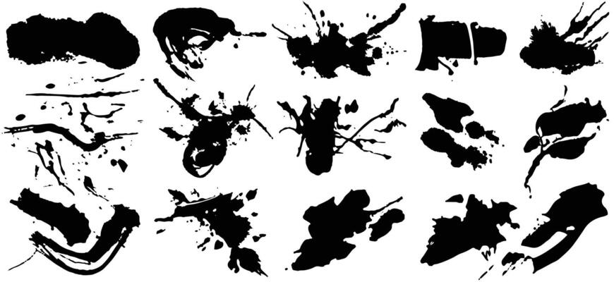 Black silhouette of spot with droplets, smudges, stains and splashes. Ink blot in grunge style set. Brush stroke texture. Dirt background