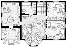 Floor plan in top view. Outline sketch drawing. Cottage with bay window in the living room. Architecture plan view, from above, interior design project. House layout with furniture placement vector