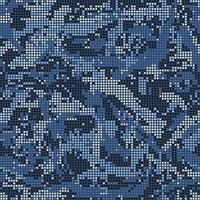 Halftone digital navy camouflage. LED screen pattern in dark blue tones, camo grid, polka dot background. Seamless texture vector