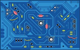 The computing module circuit board. Blue graphics card. Printed computer motherboard with microcircuit. Electronic background vector