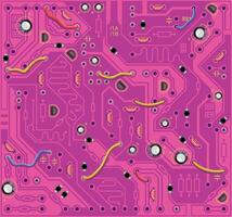 The computing module circuit Board. Burgundy graphics card. Printed computer motherboard with microcircuit. Electronic background vector