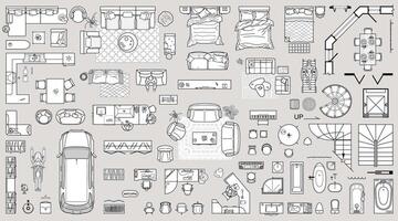 Floor plan icons set for design interior and architectural project view from above. Furniture thin line icon in top view for layout. Blueprint apartment vector