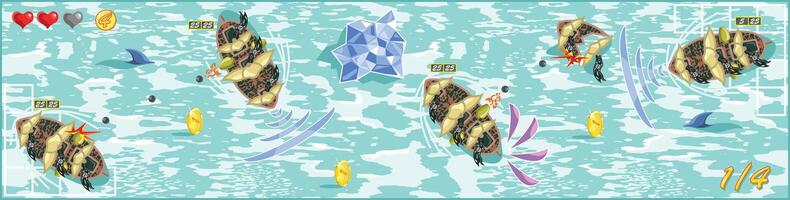 Pirate game in cartoon style. Seascape with warship. Mobile interface with battle top view. Sea decorations, graphical user interface. Sample scene of computer game vector