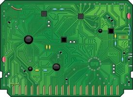 The computing module circuit Board. Green graphics card. Printed computer motherboard with microcircuit. Electronic background vector