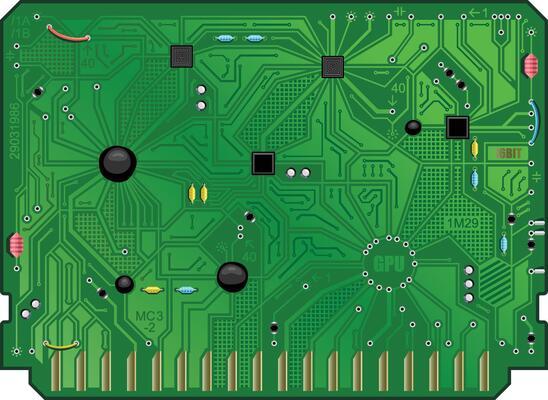 The computing module circuit Board. Green graphics card. Printed computer motherboard with microcircuit. Electronic background