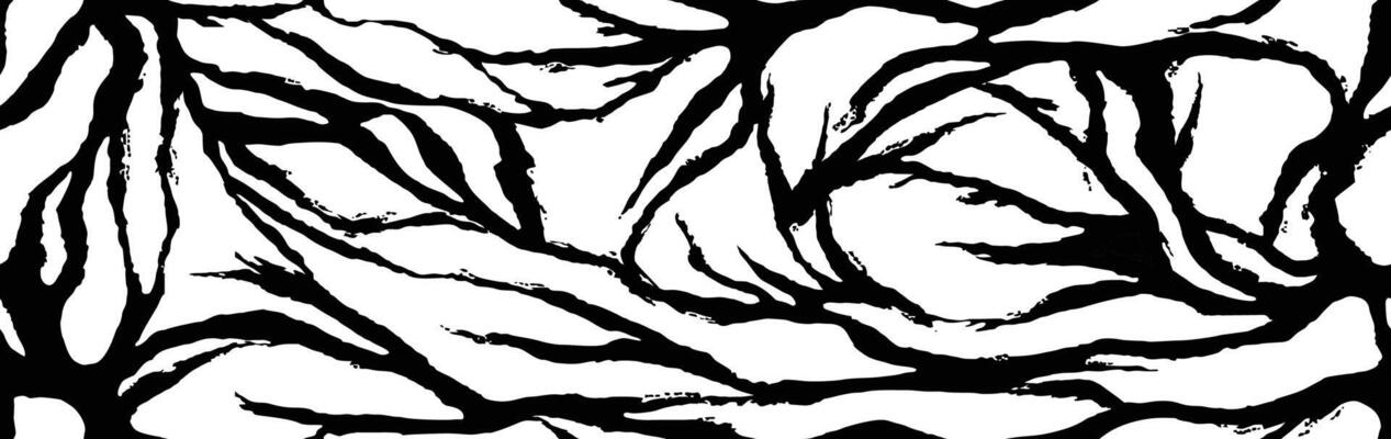 Zebra grunge skin, stripes roots pattern. Animal print, black and white thorns texture. Monochrome seamless background