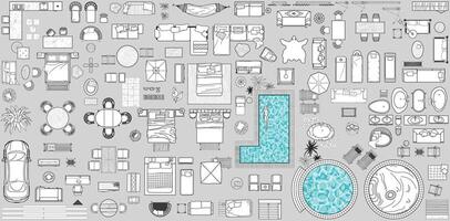 Floor plan icons set for design interior, architectural project view from above. Furniture icon in top view for layouts of hotels, spas, recreation areas, pool. Resort apartment collection. vector