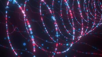 Abstract neon spiral shape of many tiny particles on a dark background. Motion. Spinning bending stripes of round shaped small dots. video