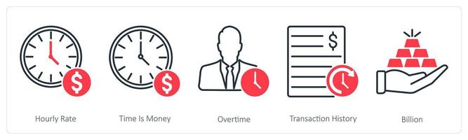 A set of 5 Banking icons as hourly rate, time is money, overtime vector
