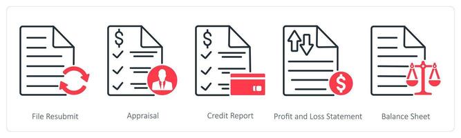 A set of 5 Banking icons as file resubmit, appraisal, credit report, profit and loss statement vector