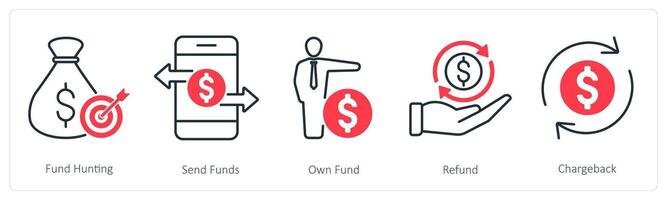 A set of 5 Banking icons as fund hunting, send funds, own funds vector
