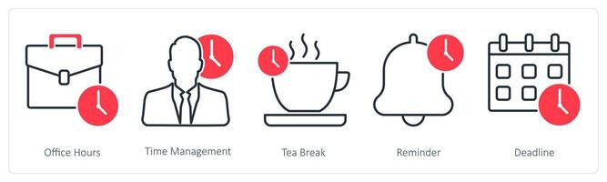 A set of 5 Business and Office icons as office hours, time management, tea break vector