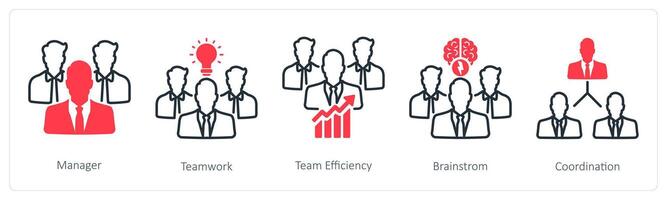A set of 5 Business and Office icons as manager, teamwork, team efficiency vector