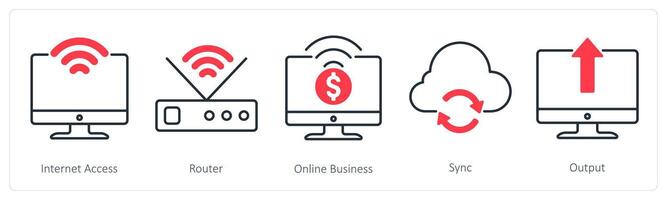 A set of 5 Business and Office icons as internet access, router, online business vector