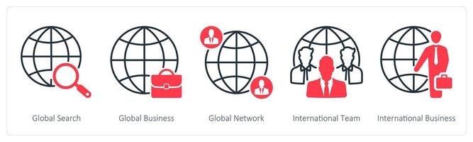 A set of 5 Business and Office icons as global search, global business, global network vector