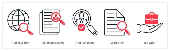 A set of 5 Business and Office icons as global search, candidate search, find candidate vector