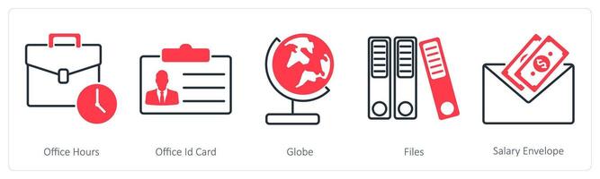 A set of 5 Business and Office icons as office hours, office id card, globe vector