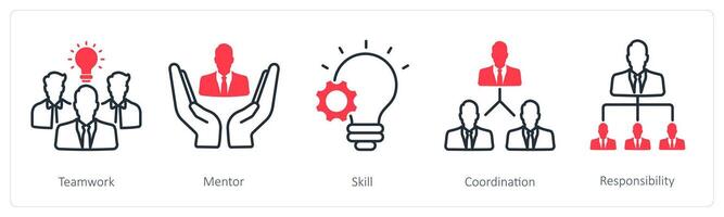 A set of 5 Business and Office icons as teamwork, mentor, skill vector