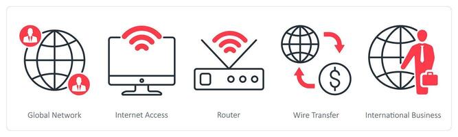A set of 5 Business and Office icons as global network, internet access, router vector