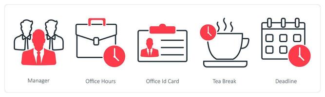 A set of 5 Business and Office icons as manager, office hours, office id card vector