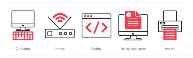 A set of 5 Business and Office icons as computer, router, coding vector
