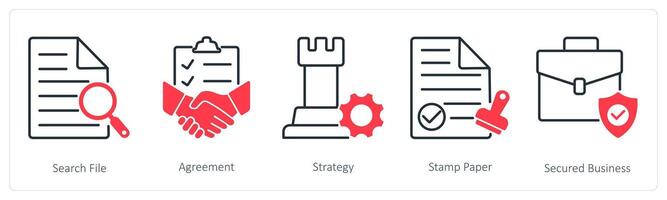 A set of 5 Business and Office icons as search file, agreement, strategy vector