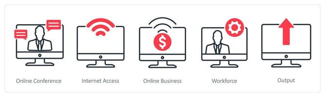 A set of 5 Business and Office icons as online conference, internet access, online business vector