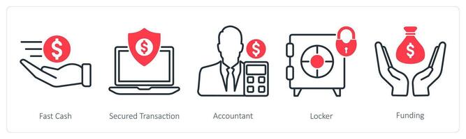 A set of 5 Business and Office icons as fast cash, secured transaction, accountant vector