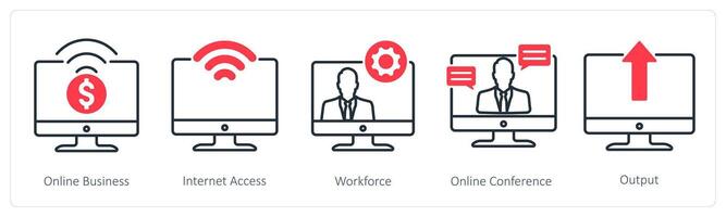 A set of 5 Business and Office icons as online business, internet access, workforce vector