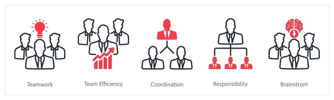 A set of 5 Business and Office icons as teamwork, team efficiency, coordination vector