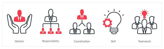 A set of 5 Business and Office icons as mentor, responsibility, coordination, skill vector