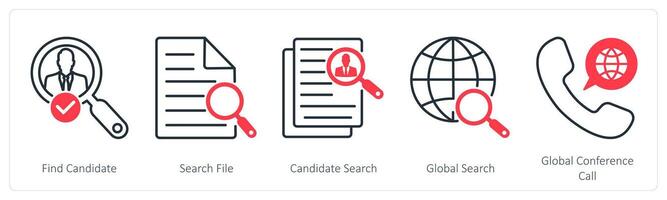 A set of 5 Business and Office icons as find candidate, search file, global search vector