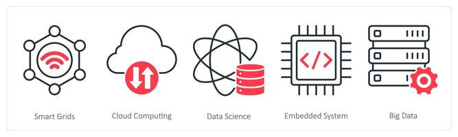 A set of 5 Industrial icons as smart grids, cloud computing, data science vector