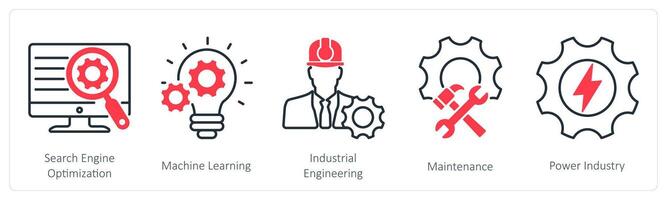 A set of 5 Industrial icons as search engine optimization, machine learning, industrial engineering vector