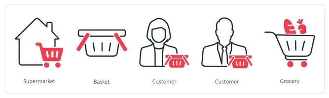 A set of 5 Shopping icons as supermarket, basket, customer vector
