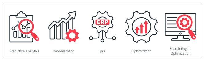 A set of 5 Industrial icons as predictive analytics, improvement, erp vector