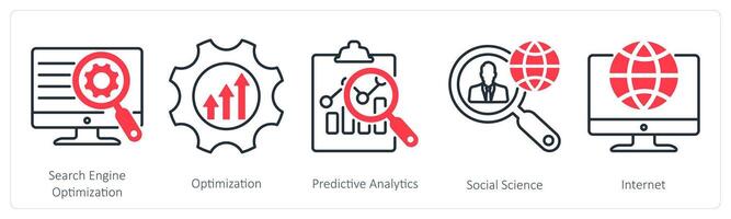 A set of 5 Industrial icons as search engine optimization, optimization, predictive analytics vector