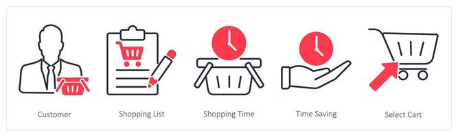 A set of 5 Shopping icons as customer, shopping list, shopping time vector