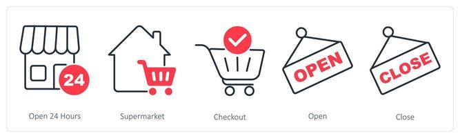 A set of 5 Shopping icons as open 24 hours, supermarket, checkout vector