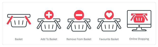 A set of 5 Shopping icons as basket, add to basket, remove from basket vector